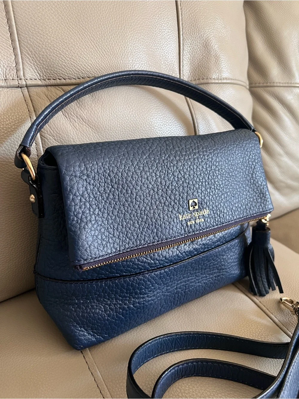 Kate Spade New York Avenue Blue Leather Cross Body Bag with Tassel